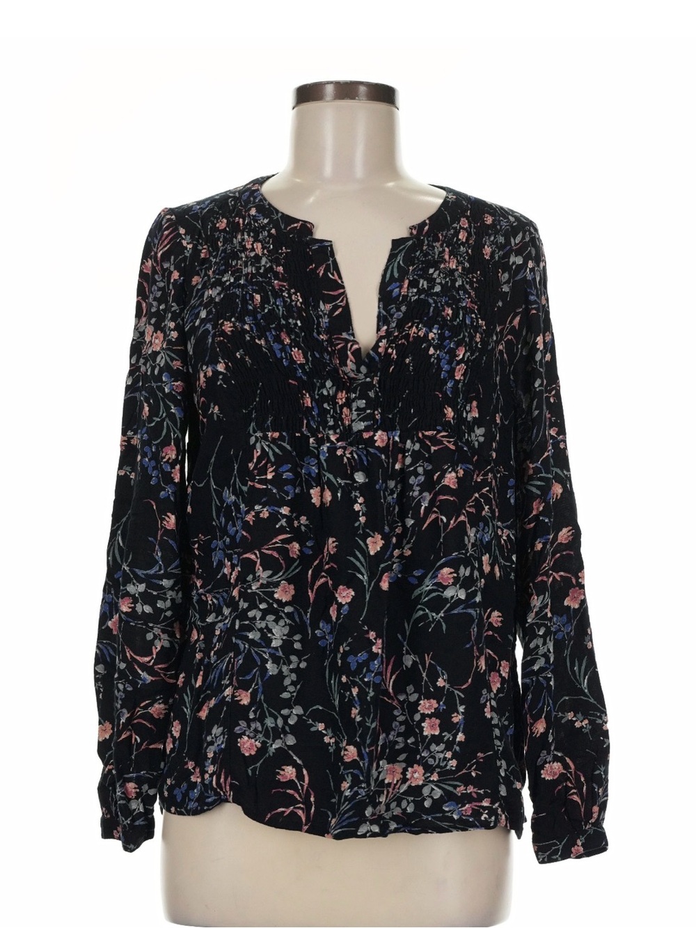 Lucky Brand Black Floral Long-Sleeve V Neck Blouse